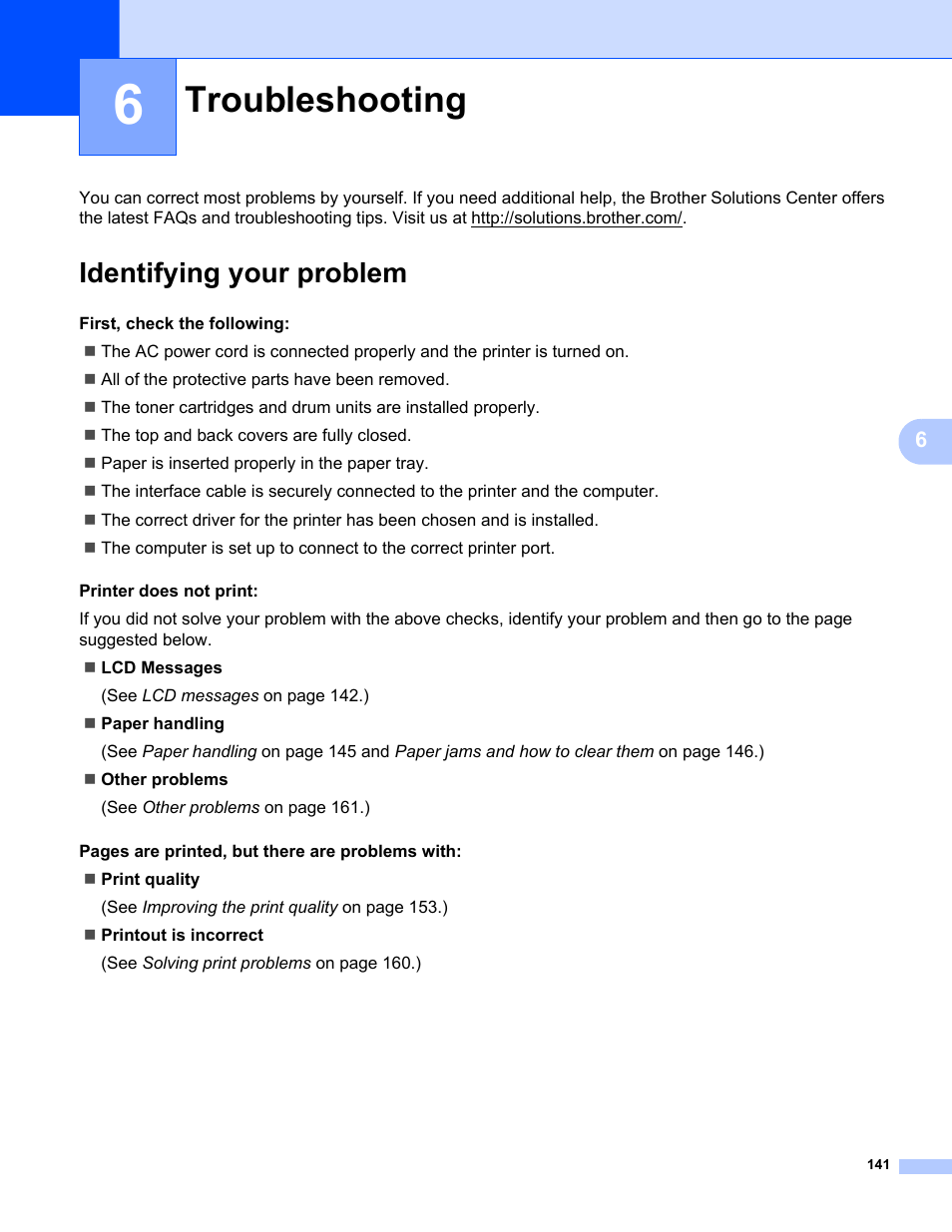 6 troubleshooting, Identifying your problem, Troubleshooting | Brother HL-3075CW User Manual | Page 146 / 194