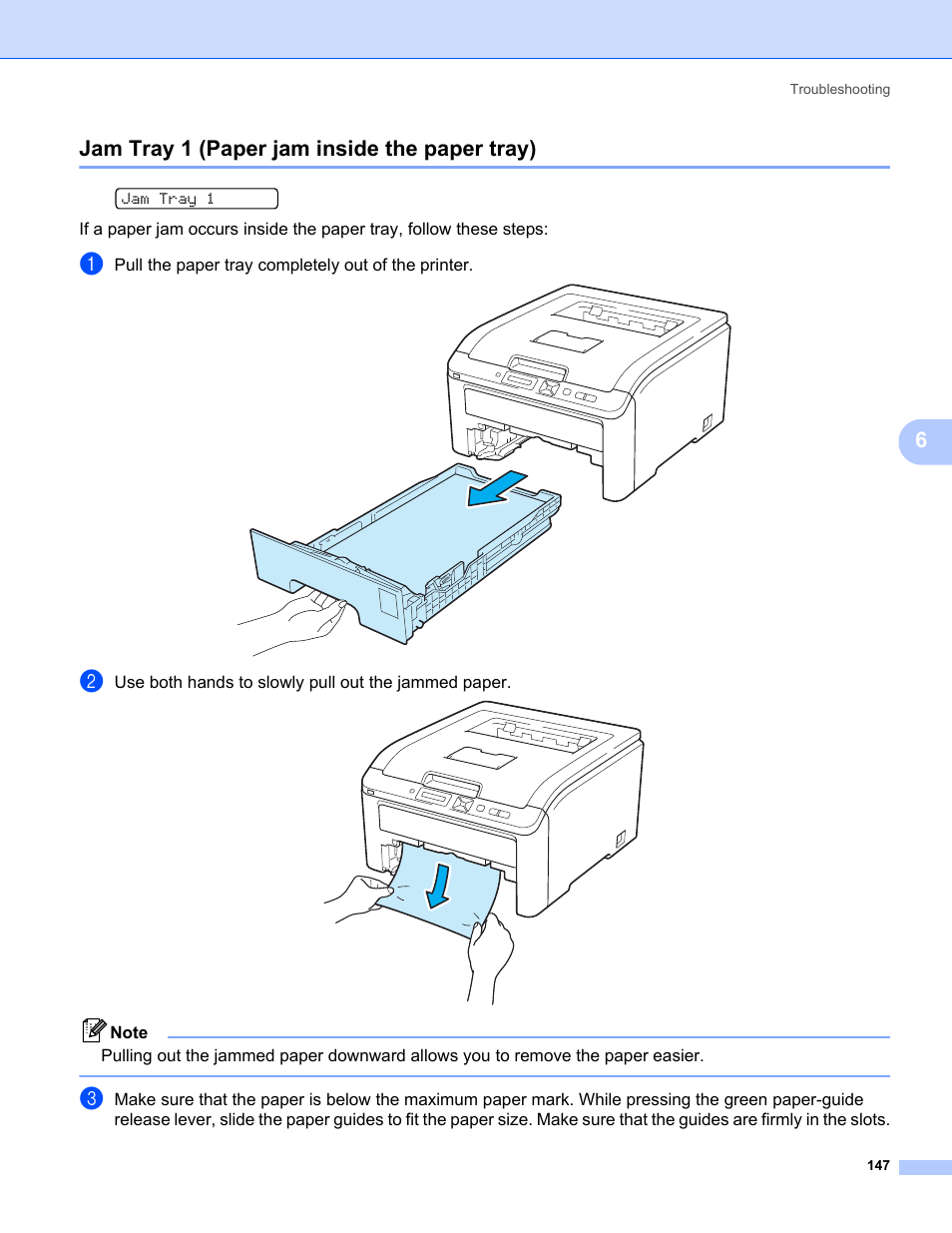 Jam tray 1 (paper jam inside the paper tray), 6jam tray 1 (paper jam inside the paper tray) | Brother HL-3075CW User Manual | Page 152 / 194
