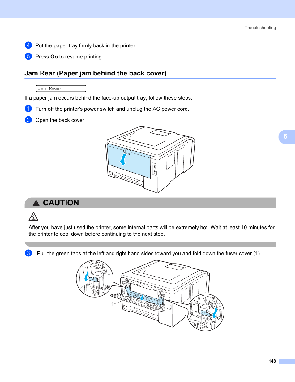 Jam rear (paper jam behind the back cover), Caution | Brother HL-3075CW User Manual | Page 153 / 194
