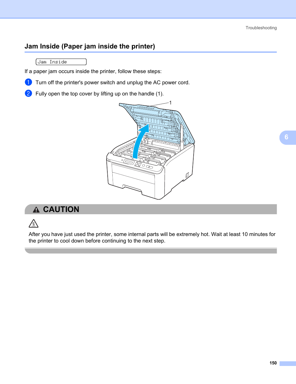 Jam inside (paper jam inside the printer), Caution, 6jam inside (paper jam inside the printer) | Brother HL-3075CW User Manual | Page 155 / 194