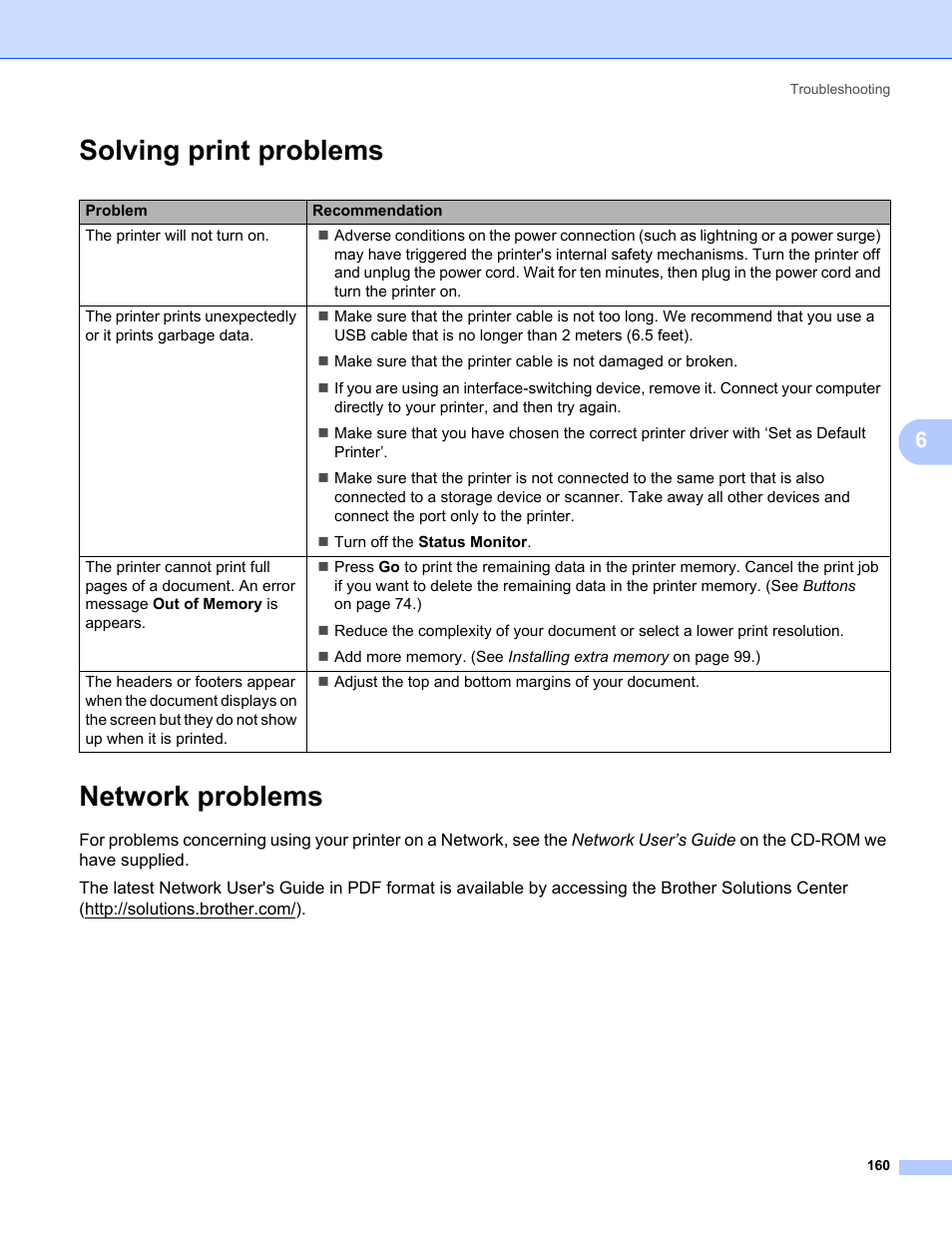 Solving print problems, Network problems, Solving print problems network problems | Brother HL-3075CW User Manual | Page 165 / 194