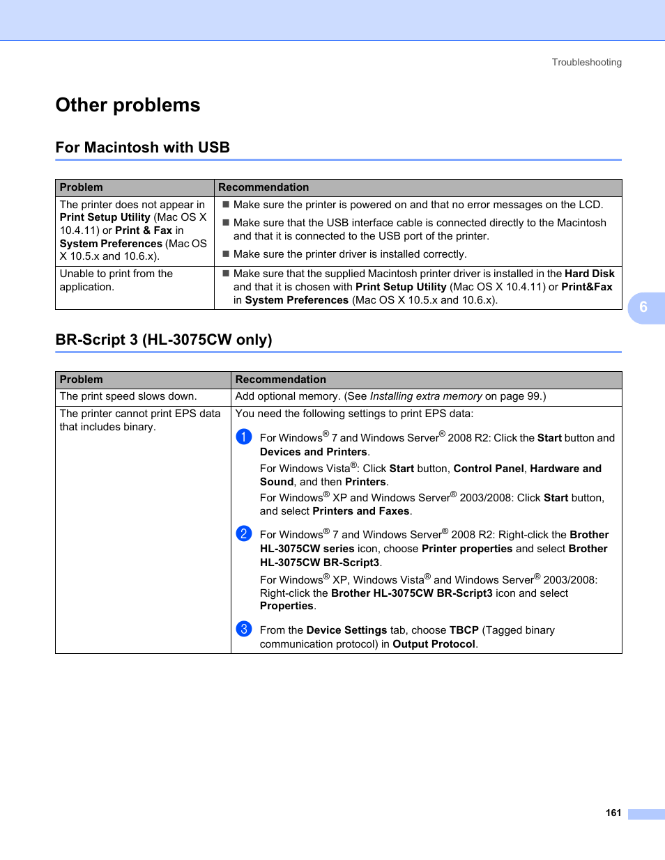 Other problems, For macintosh with usb, Br-script 3 (hl-3075cw only) | Brother HL-3075CW User Manual | Page 166 / 194