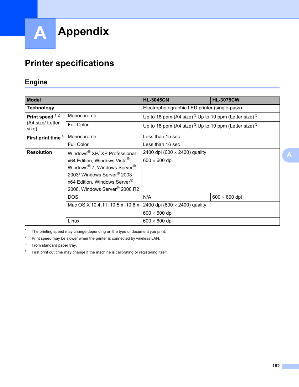 Appendix a, Printer specifications, Engine | Appendix | Brother HL-3075CW User Manual | Page 167 / 194