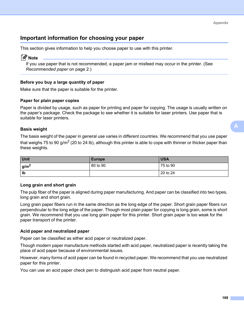 Important information for choosing your paper, Aimportant information for choosing your paper | Brother HL-3075CW User Manual | Page 174 / 194
