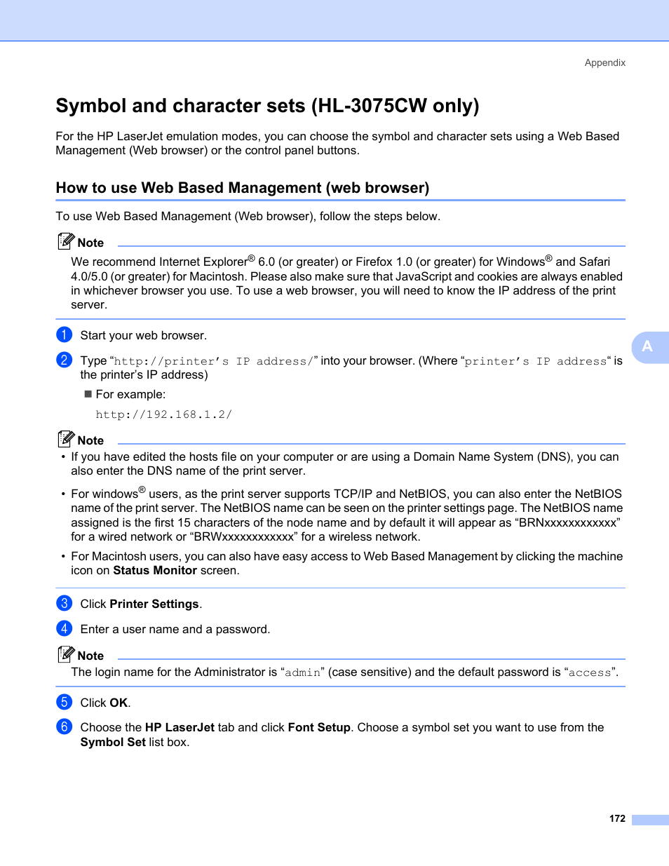 Symbol and character sets (hl-3075cw only), How to use web based management (web browser) | Brother HL-3075CW User Manual | Page 177 / 194