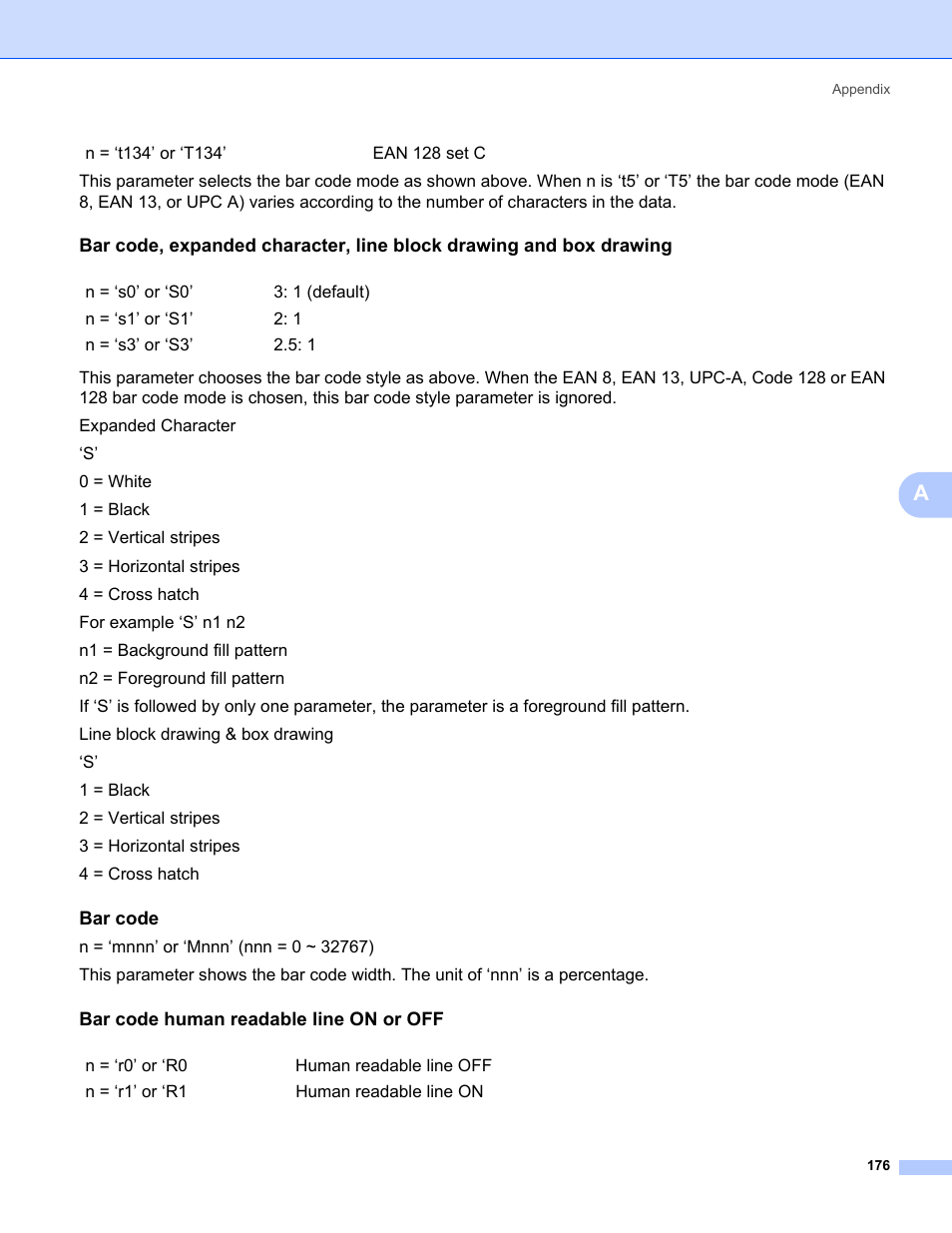 Bar code, Bar code human readable line on or off | Brother HL-3075CW User Manual | Page 181 / 194