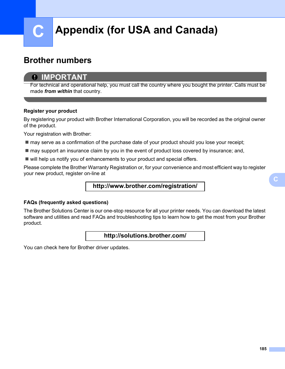 Appendix c (for usa and canada), Brother numbers, Appendix (for usa and canada) | Important | Brother HL-3075CW User Manual | Page 190 / 194