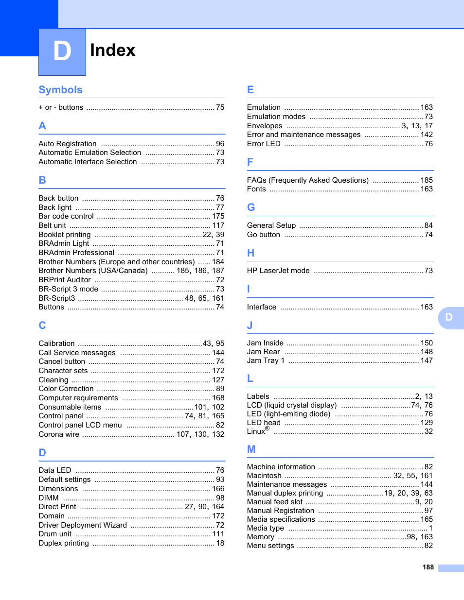 Index, Dsymbols | Brother HL-3075CW User Manual | Page 193 / 194
