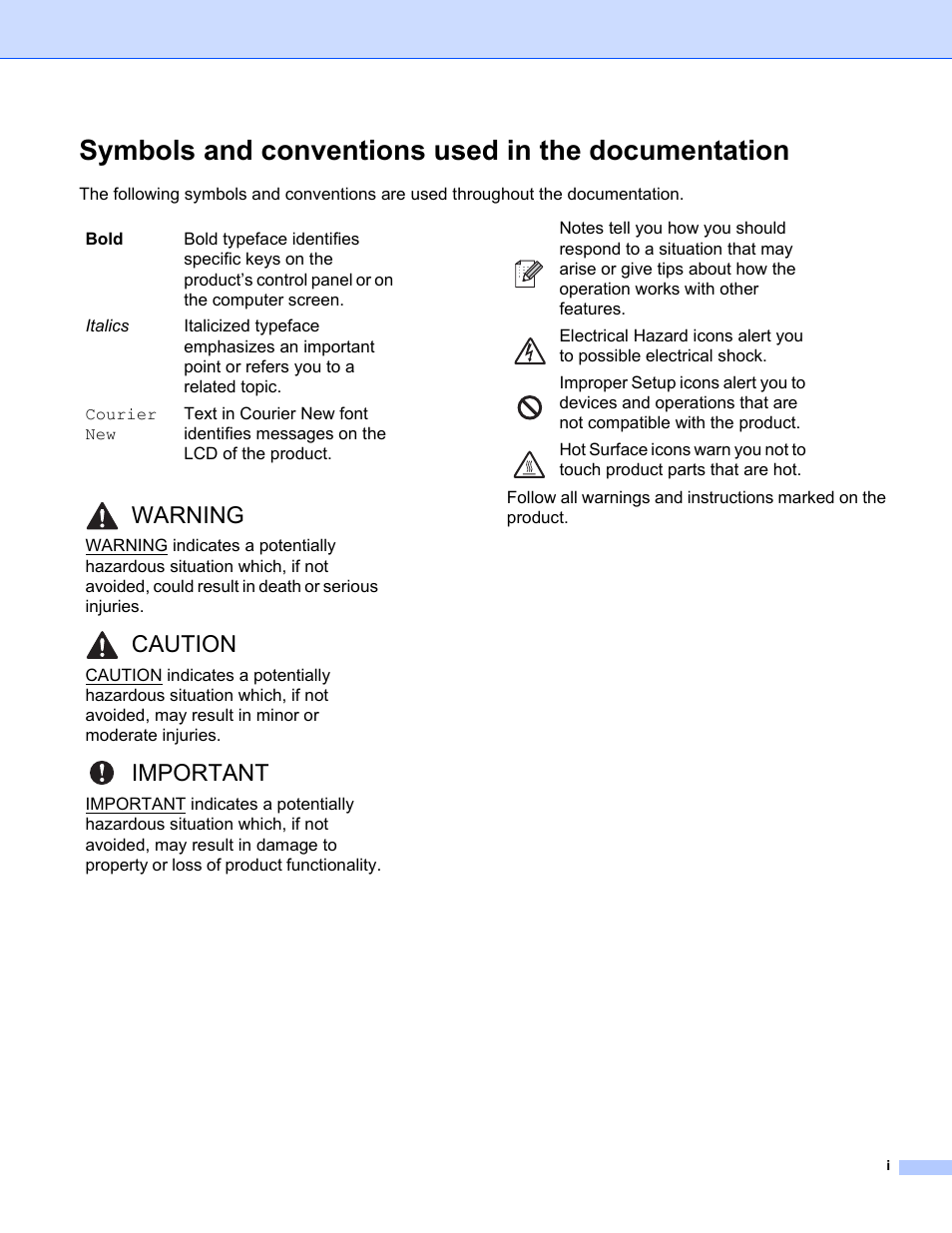 Symbols and conventions used in the documentation, Warning, Caution | Important | Brother HL-3075CW User Manual | Page 2 / 194