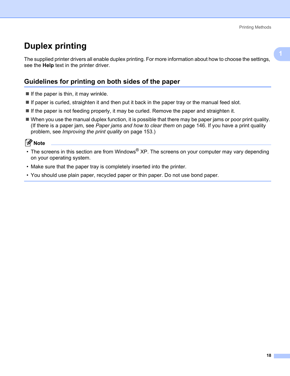 Duplex printing, Guidelines for printing on both sides of the paper | Brother HL-3075CW User Manual | Page 23 / 194