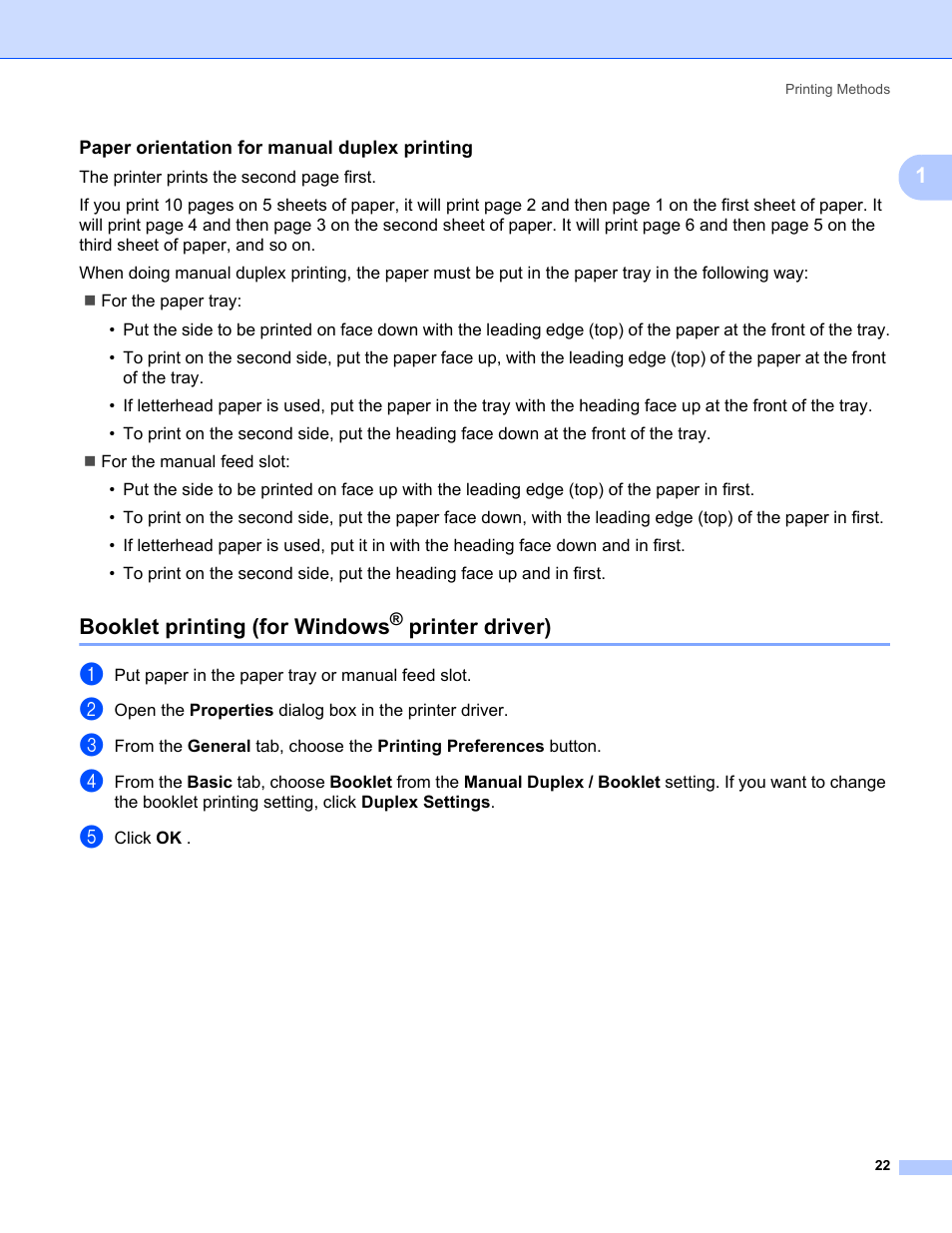 Paper orientation for manual duplex printing, Booklet printing (for windows® printer driver), Booklet printing (for windows | Printer driver) | Brother HL-3075CW User Manual | Page 27 / 194