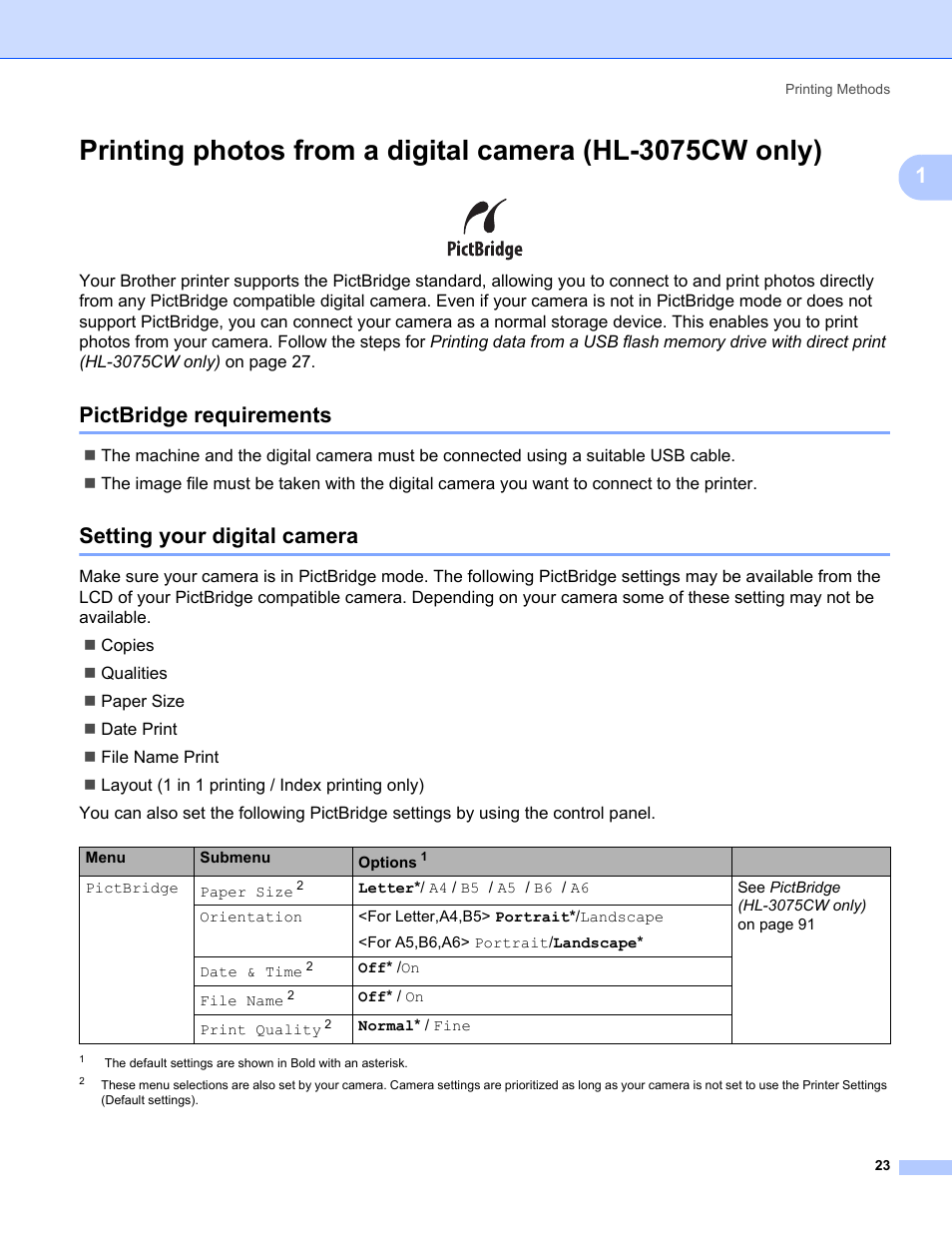 Pictbridge requirements, Setting your digital camera | Brother HL-3075CW User Manual | Page 28 / 194