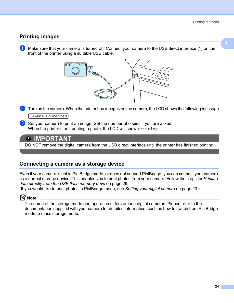 Printing images, Connecting a camera as a storage device, Important | 1printing images | Brother HL-3075CW User Manual | Page 29 / 194
