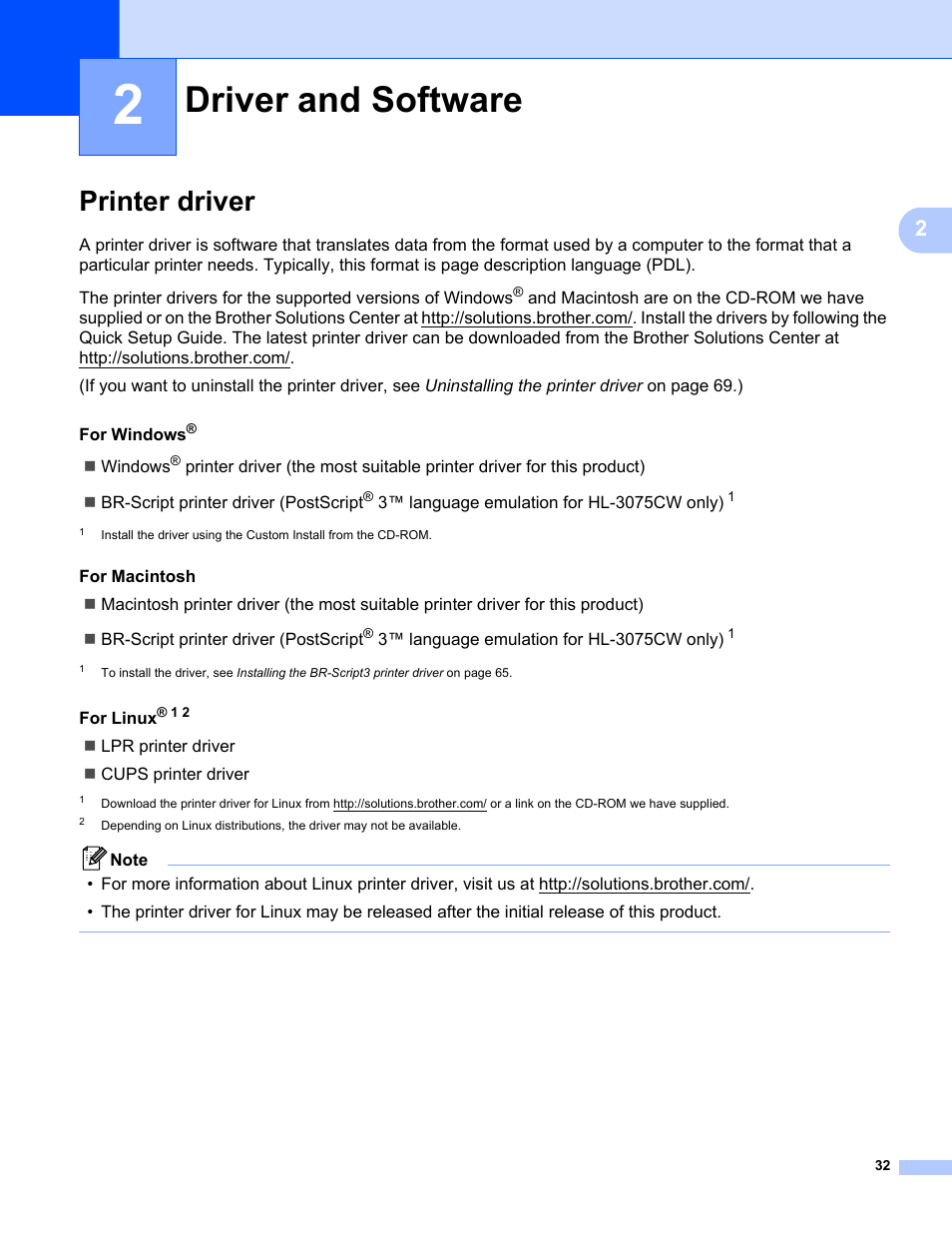 2 driver and software, Printer driver, Driver and software | Brother HL-3075CW User Manual | Page 37 / 194