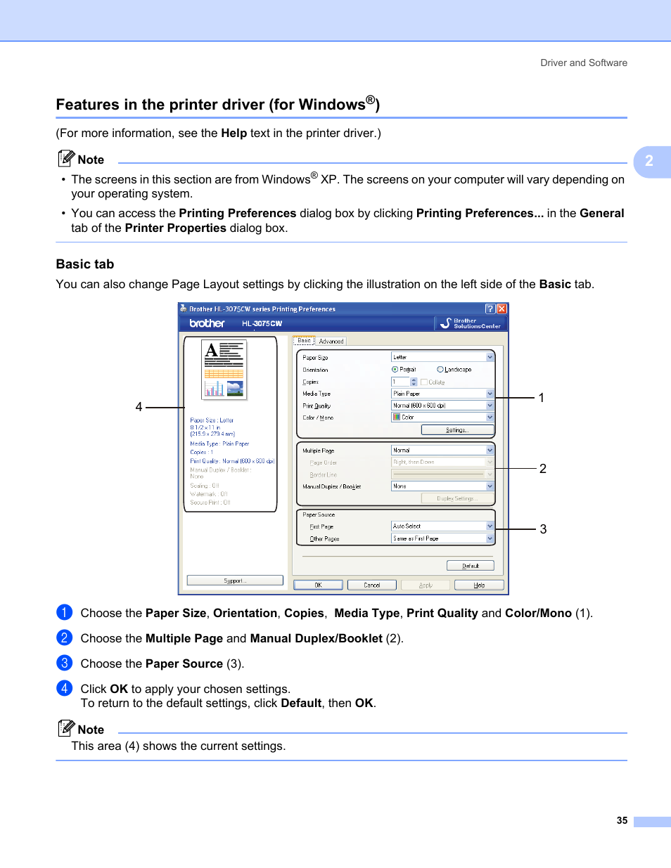 Features in the printer driver (for windows®), Basic tab, Features in the printer driver (for windows | 2features in the printer driver (for windows | Brother HL-3075CW User Manual | Page 40 / 194