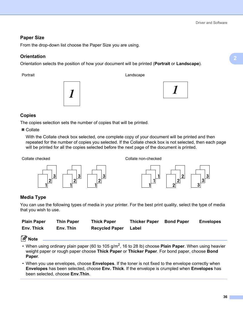 Paper size, Orientation, Copies | Media type | Brother HL-3075CW User Manual | Page 41 / 194