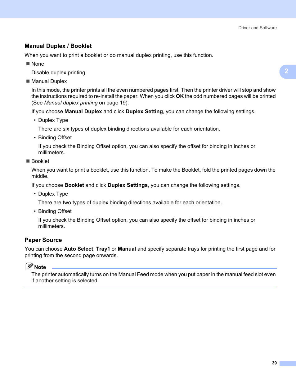 Manual duplex / booklet, Paper source | Brother HL-3075CW User Manual | Page 44 / 194