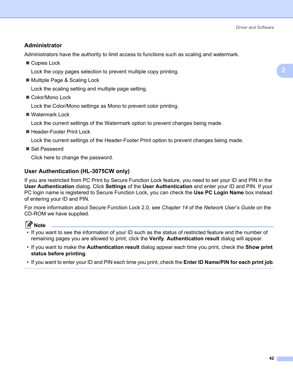 Administrator, User authentication (hl-3075cw only) | Brother HL-3075CW User Manual | Page 47 / 194