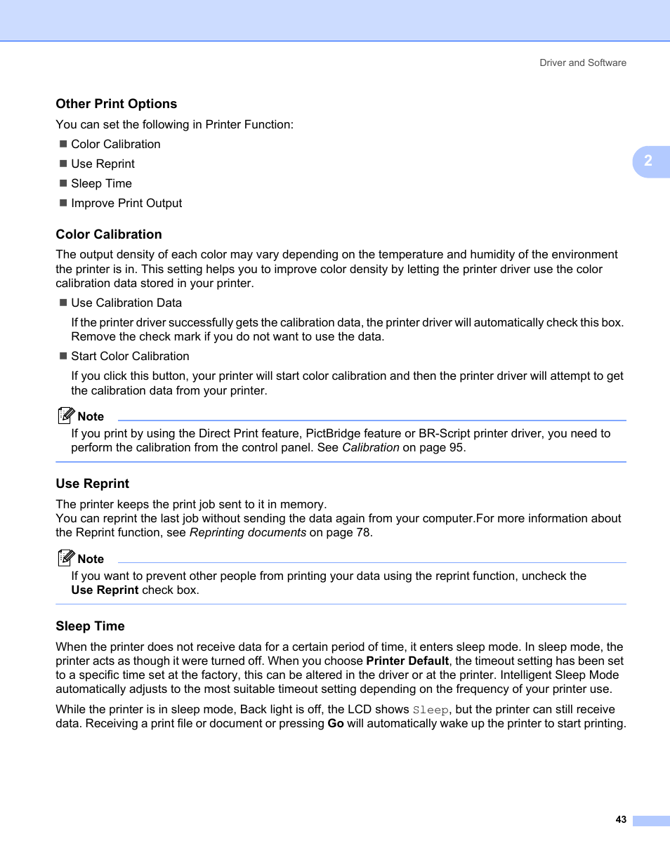 Other print options, Color calibration, Use reprint | Sleep time | Brother HL-3075CW User Manual | Page 48 / 194