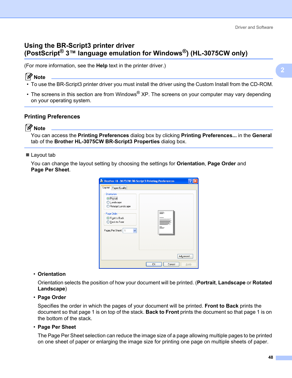 Printing preferences, Using the br-script3 printer driver (postscript, 3™ language emulation for windows | Hl-3075cw only), 2using the br-script3 printer driver (postscript | Brother HL-3075CW User Manual | Page 53 / 194