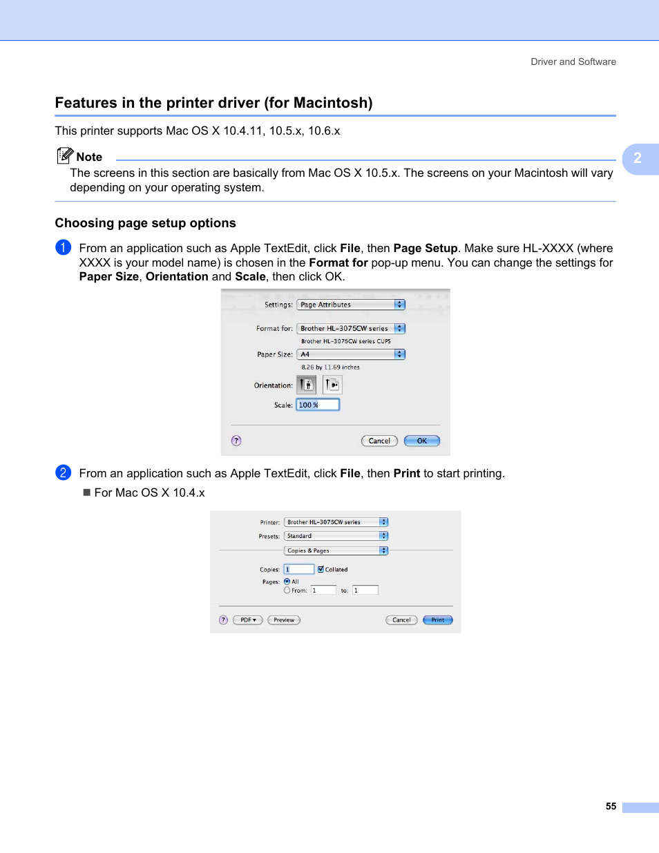 Features in the printer driver (for macintosh), 2features in the printer driver (for macintosh), Choosing page setup options | Brother HL-3075CW User Manual | Page 60 / 194