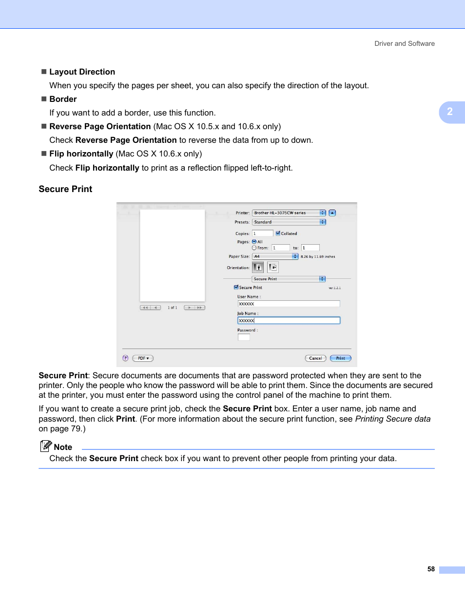 Secure print | Brother HL-3075CW User Manual | Page 63 / 194