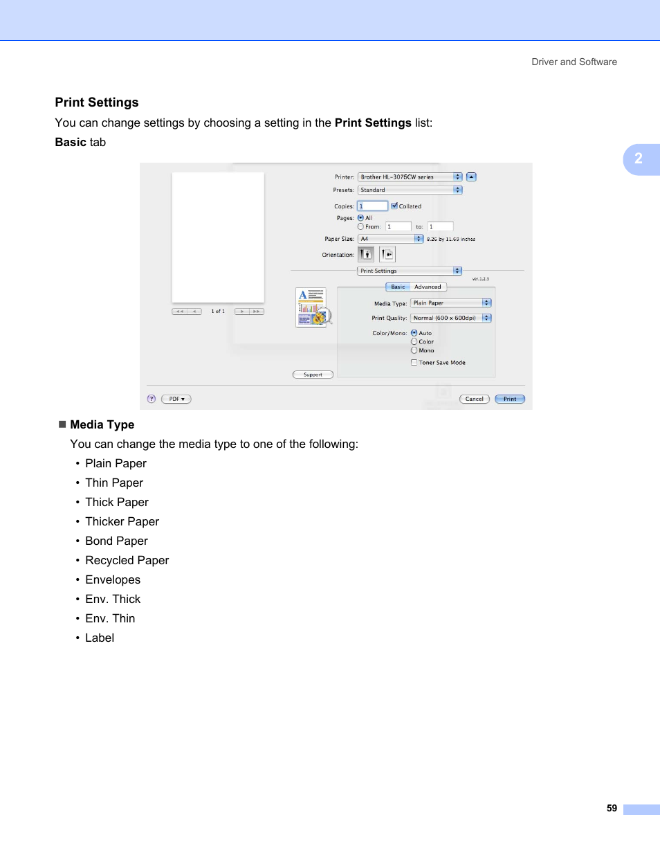 Print settings | Brother HL-3075CW User Manual | Page 64 / 194