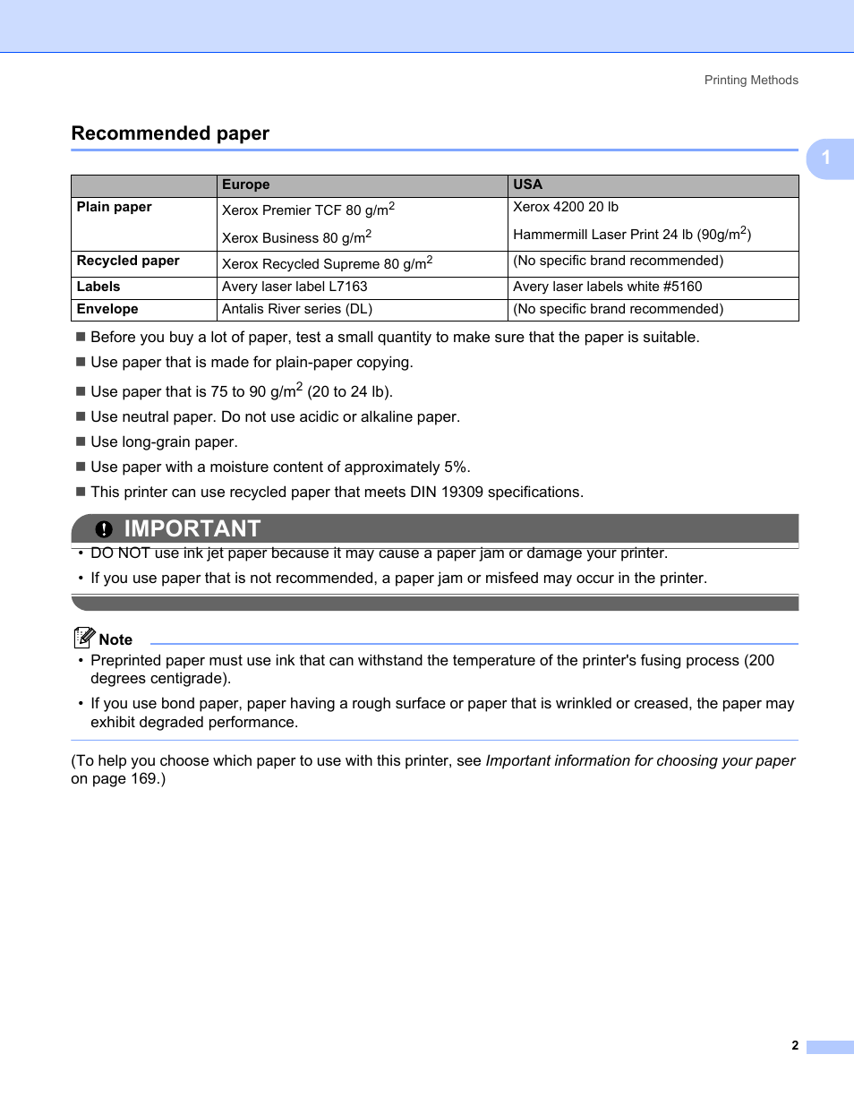 Recommended paper, Important, 1recommended paper | Brother HL-3075CW User Manual | Page 7 / 194