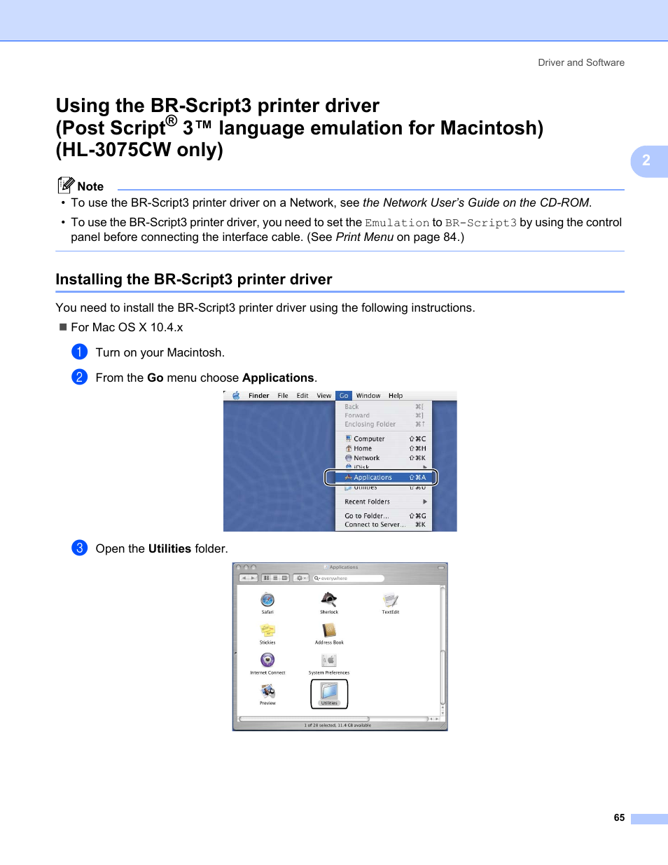 Installing the br-script3 printer driver, Using the br-script3 printer driver (post script | Brother HL-3075CW User Manual | Page 70 / 194