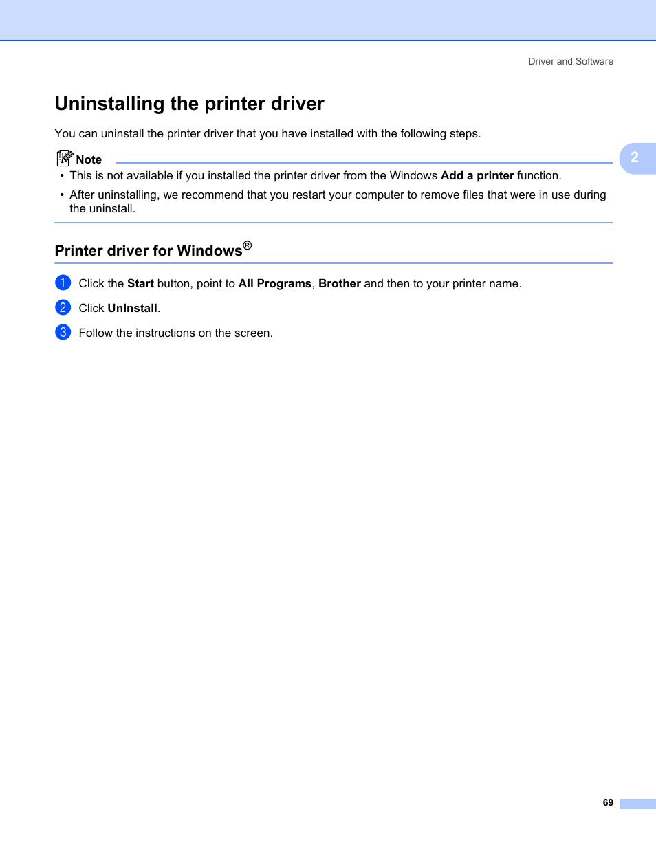 Uninstalling the printer driver, Printer driver for windows | Brother HL-3075CW User Manual | Page 74 / 194