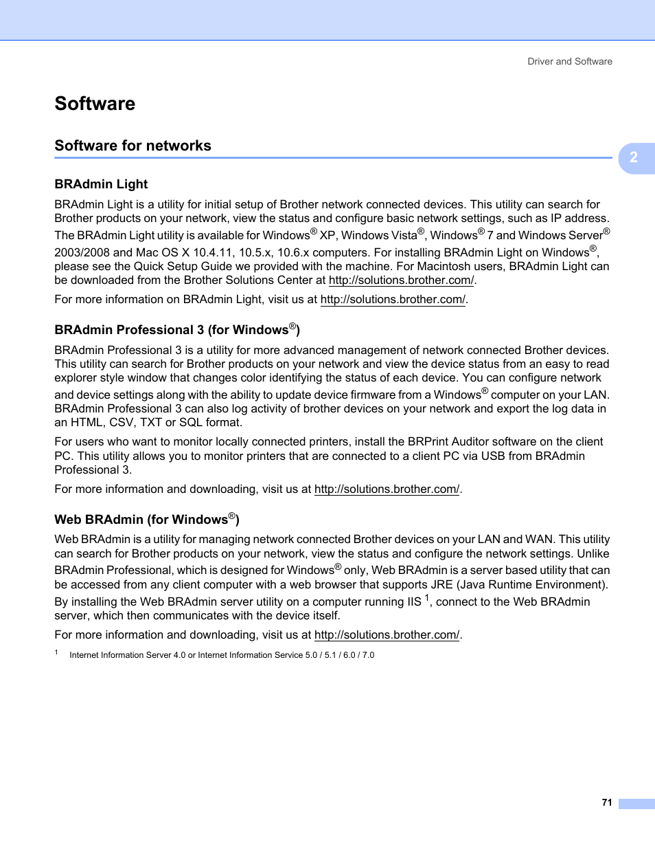 Software, Software for networks, Bradmin light | Bradmin professional 3 (for windows®), Web bradmin (for windows®) | Brother HL-3075CW User Manual | Page 76 / 194