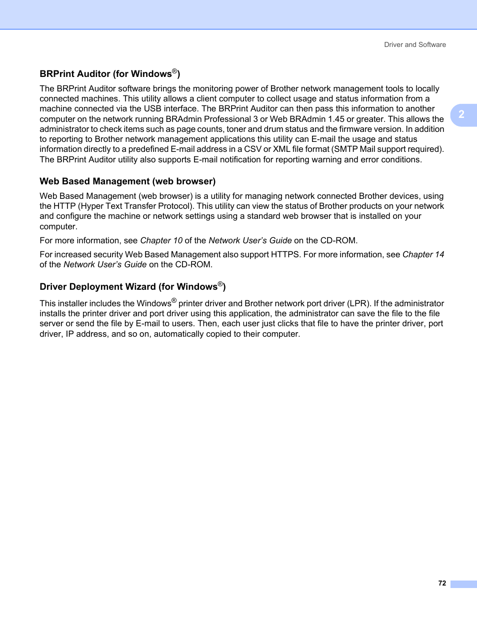 Brprint auditor (for windows®), Web based management (web browser), Driver deployment wizard (for windows®) | Brprint auditor (for windows, Driver deployment wizard (for windows | Brother HL-3075CW User Manual | Page 77 / 194