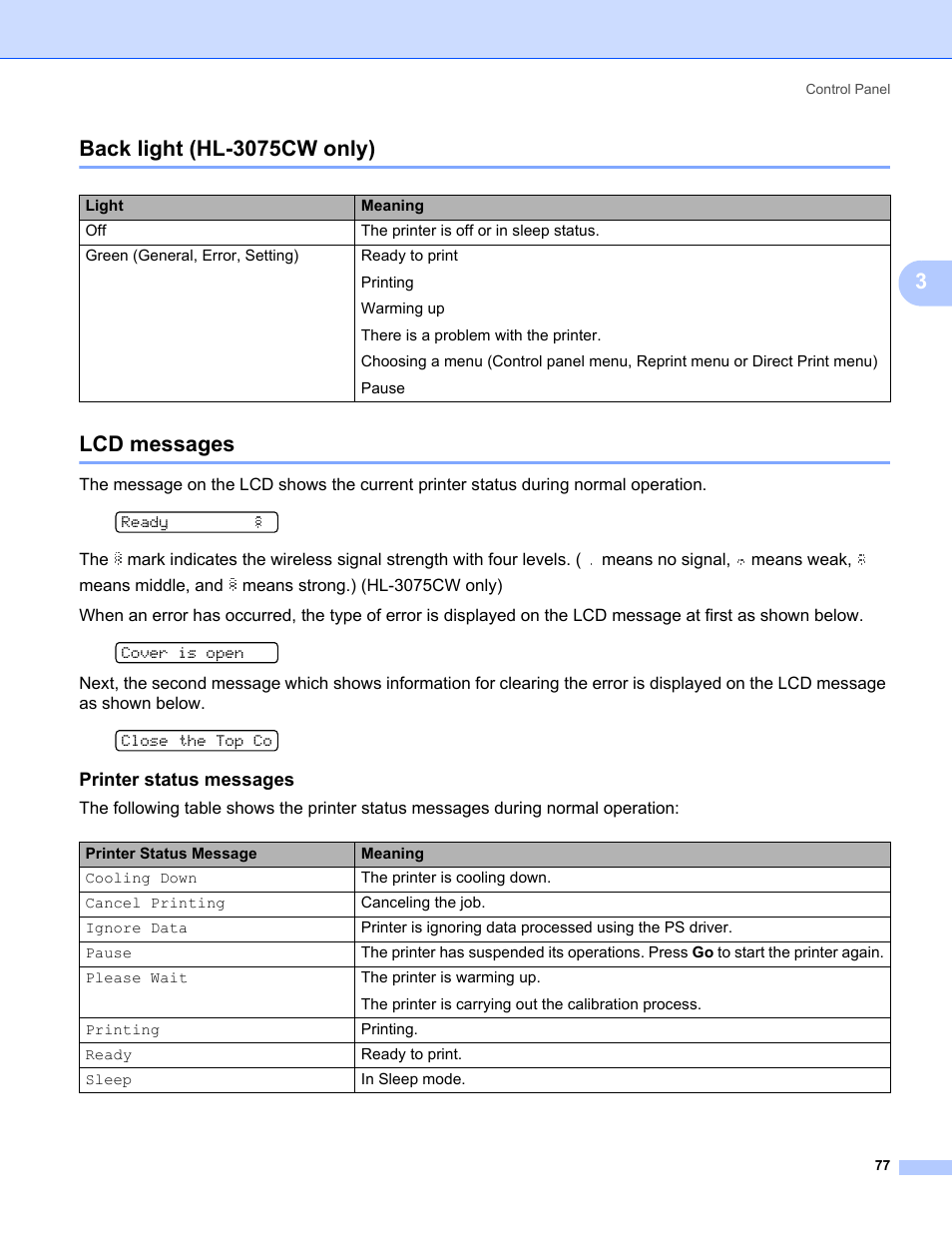 Back light (hl-3075cw only), Lcd messages, Printer status messages | Back light (hl-3075cw only) lcd messages | Brother HL-3075CW User Manual | Page 82 / 194