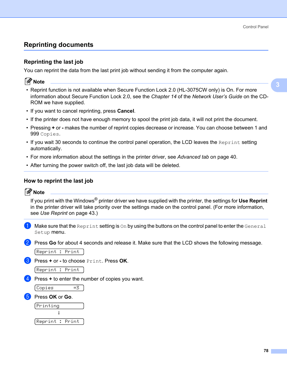 Reprinting documents, Reprinting the last job, How to reprint the last job | 3reprinting documents | Brother HL-3075CW User Manual | Page 83 / 194