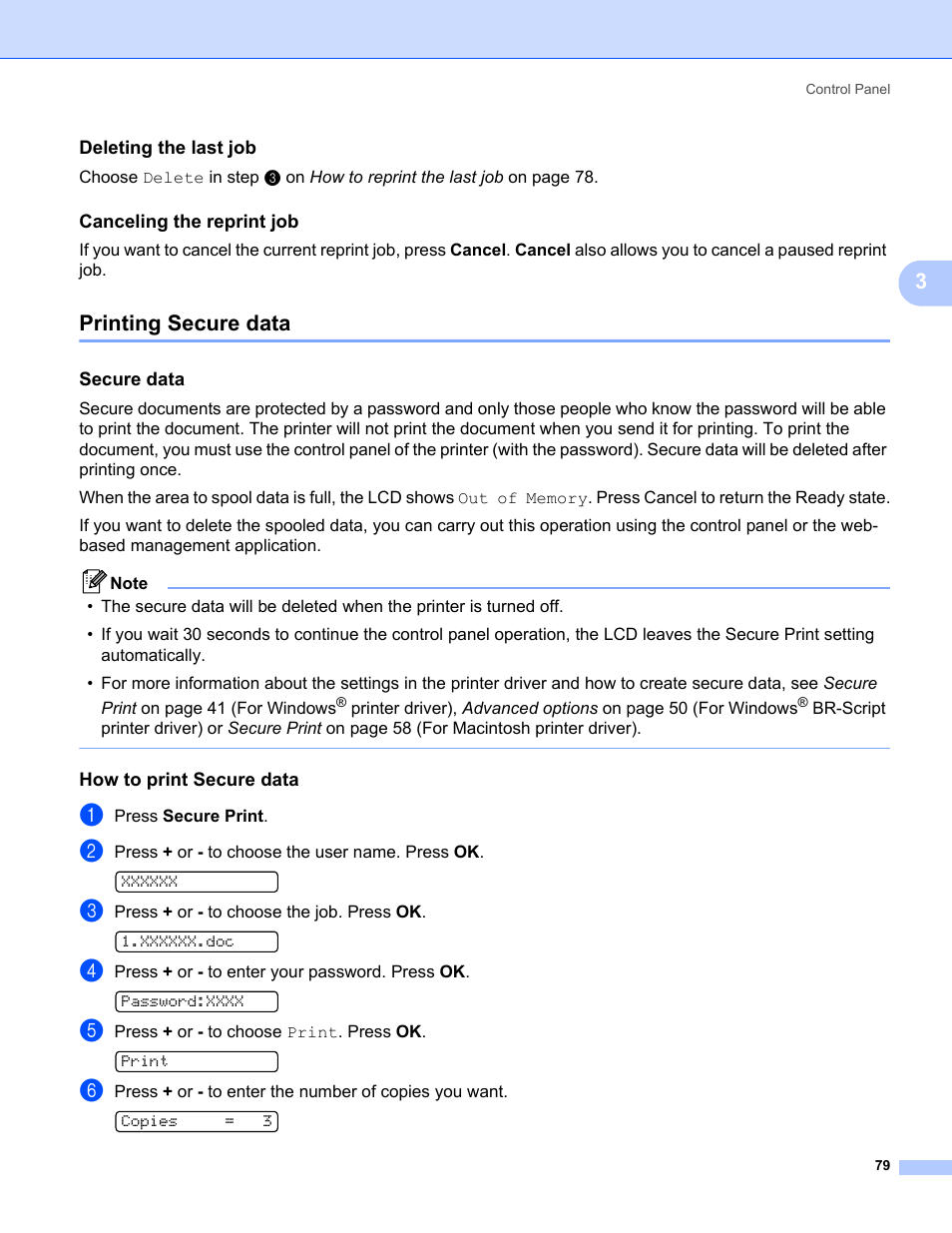 Deleting the last job, Canceling the reprint job, Printing secure data | Secure data, How to print secure data | Brother HL-3075CW User Manual | Page 84 / 194