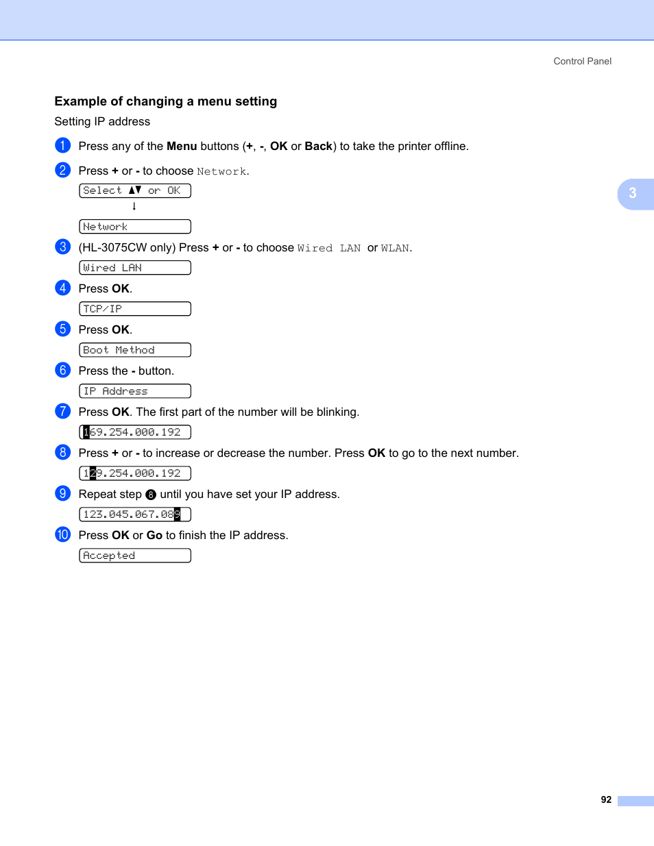 Example of changing a menu setting | Brother HL-3075CW User Manual | Page 97 / 194