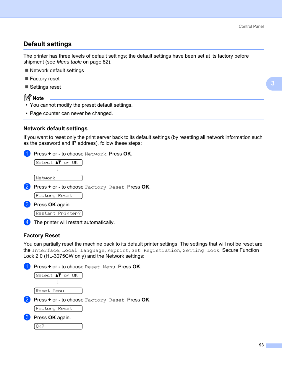 Default settings, Network default settings, Factory reset | 3default settings | Brother HL-3075CW User Manual | Page 98 / 194