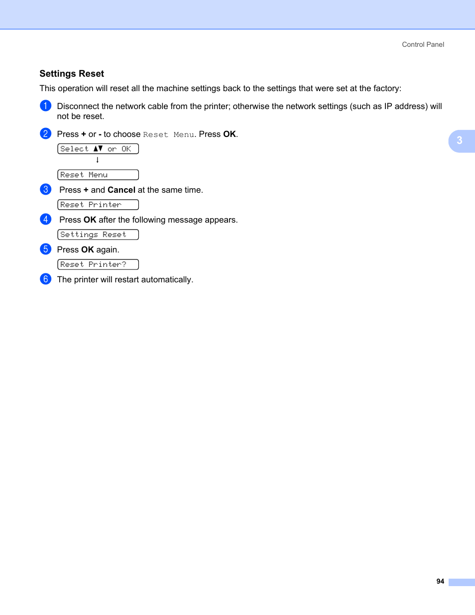 Settings reset | Brother HL-3075CW User Manual | Page 99 / 194