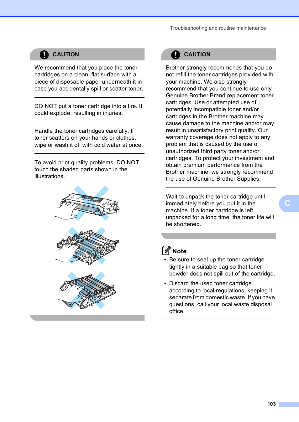 Caution, Troubleshooting and routine maintenance 103 | Brother DCP 9040CN User Manual | Page 115 / 167