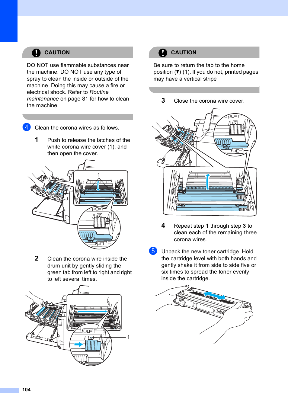 Caution, Clean the corona wires as follows, Close the corona wire cover | Brother DCP 9040CN User Manual | Page 116 / 167