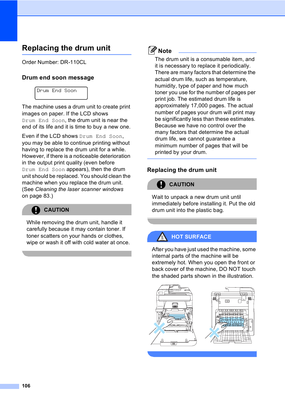 Replacing the drum unit, Drum end soon message, Order number: dr-110cl | Caution, Hot surface | Brother DCP 9040CN User Manual | Page 118 / 167