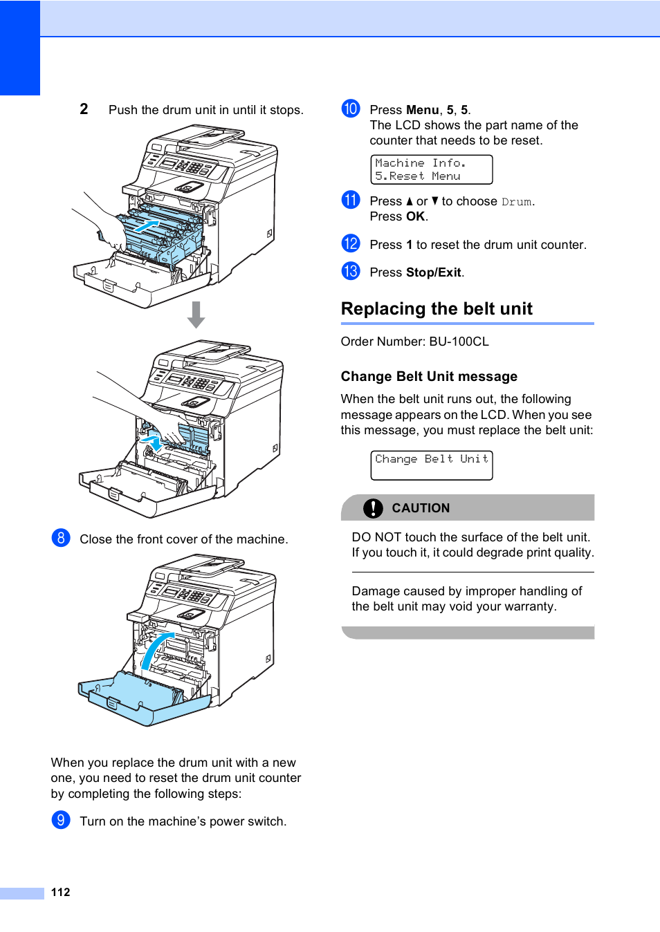 Replacing the belt unit, Change belt unit message | Brother DCP 9040CN User Manual | Page 124 / 167