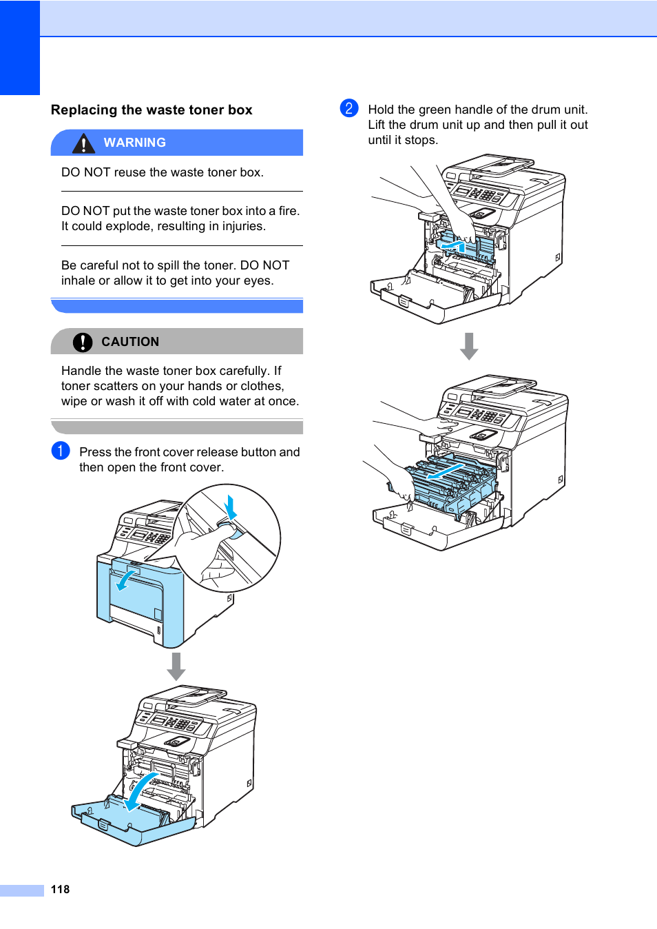 Replacing the waste toner box, Warning, Do not reuse the waste toner box | Caution | Brother DCP 9040CN User Manual | Page 130 / 167