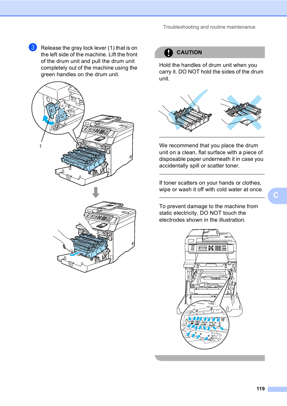Caution, Troubleshooting and routine maintenance 119 | Brother DCP 9040CN User Manual | Page 131 / 167