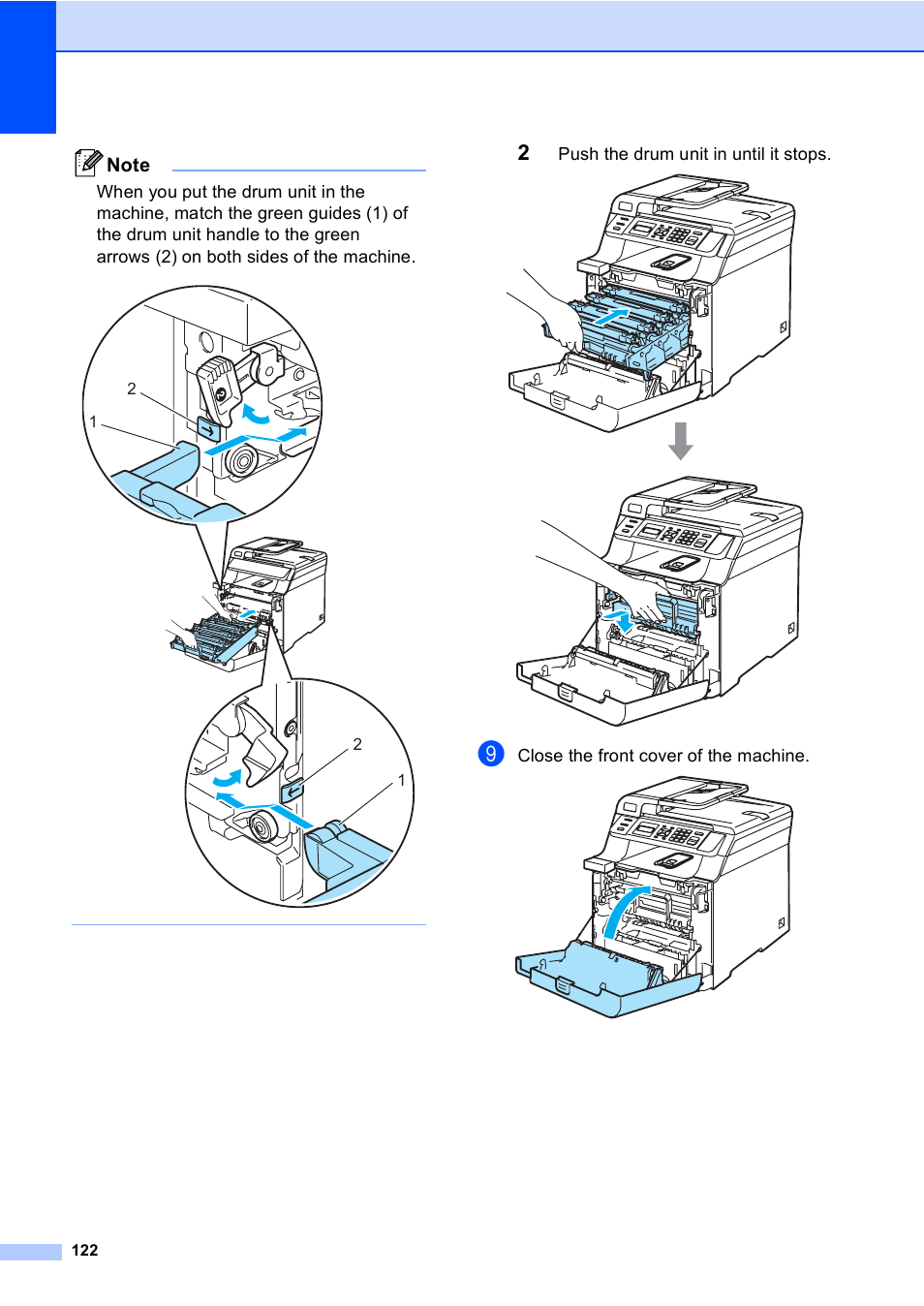 Push the drum unit in until it stops, Close the front cover of the machine | Brother DCP 9040CN User Manual | Page 134 / 167