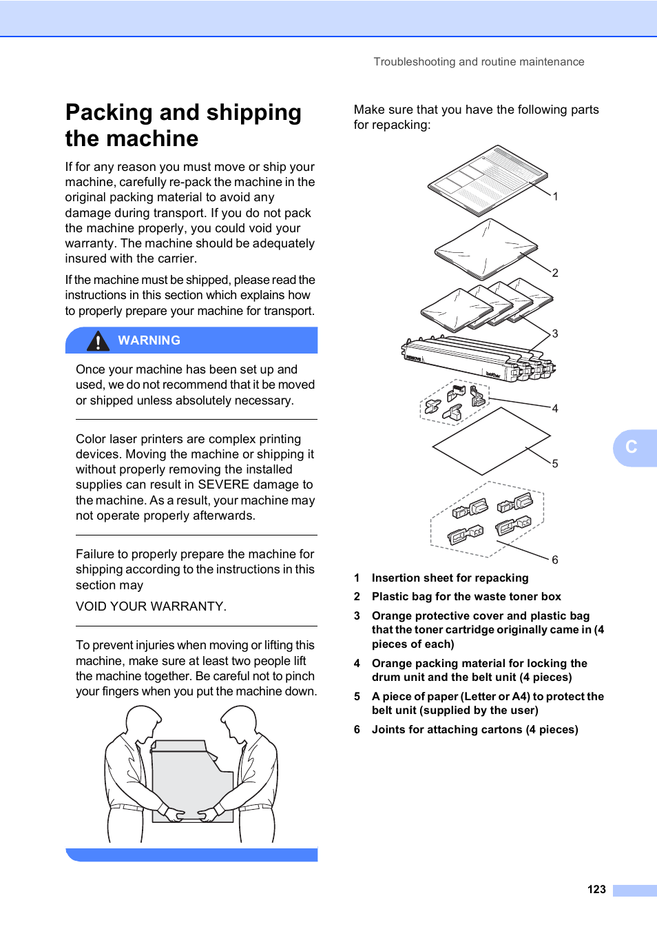 Packing and shipping the machine | Brother DCP 9040CN User Manual | Page 135 / 167