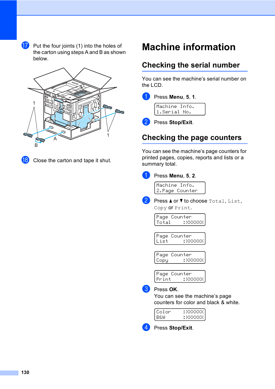 Machine information, Checking the serial number, Checking the page counters | Brother DCP 9040CN User Manual | Page 142 / 167