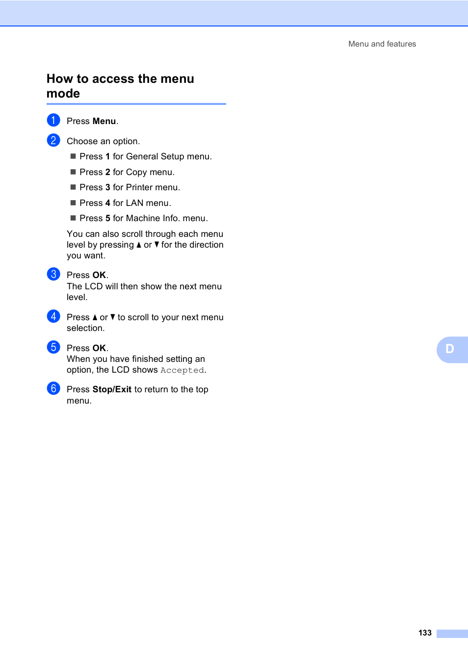 How to access the menu mode, Dhow to access the menu mode | Brother DCP 9040CN User Manual | Page 145 / 167