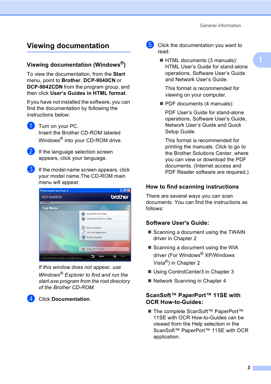 Viewing documentation, Viewing documentation (windows®), How to find scanning instructions | Software user's guide, Scansoft™ paperport™ 11se with ocr how-to-guides, 1viewing documentation | Brother DCP 9040CN User Manual | Page 15 / 167