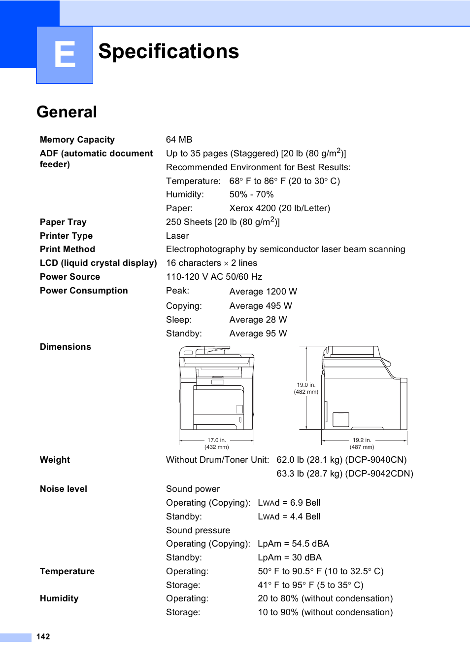 E specifications, General, Specifications | Brother DCP 9040CN User Manual | Page 154 / 167